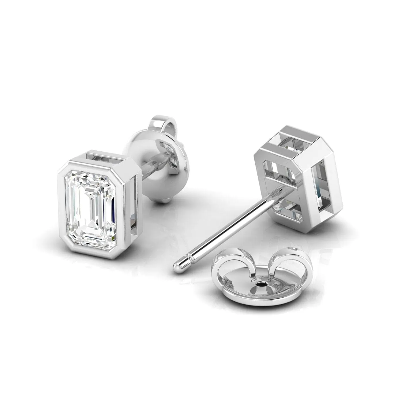 14K & 18K Gold Emerald Cut Bezel Set Diamond Stud Earrings