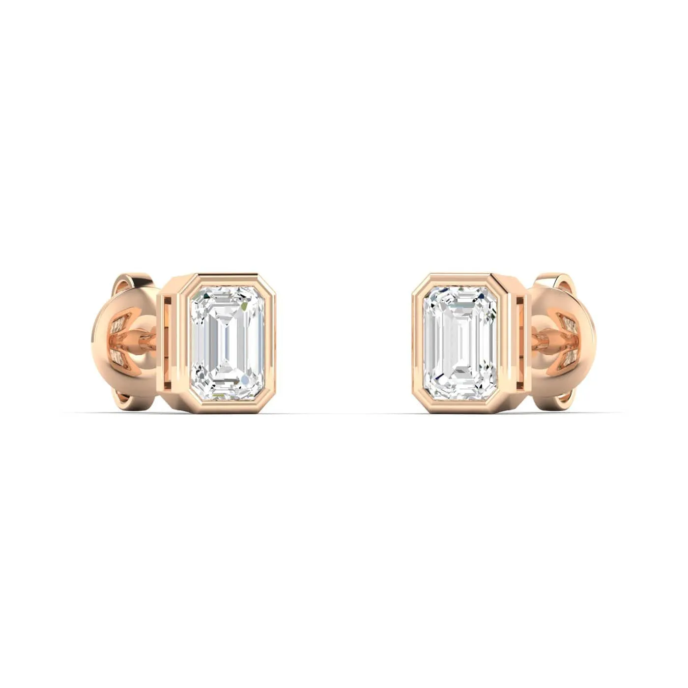 14K & 18K Gold Emerald Cut Bezel Set Diamond Stud Earrings