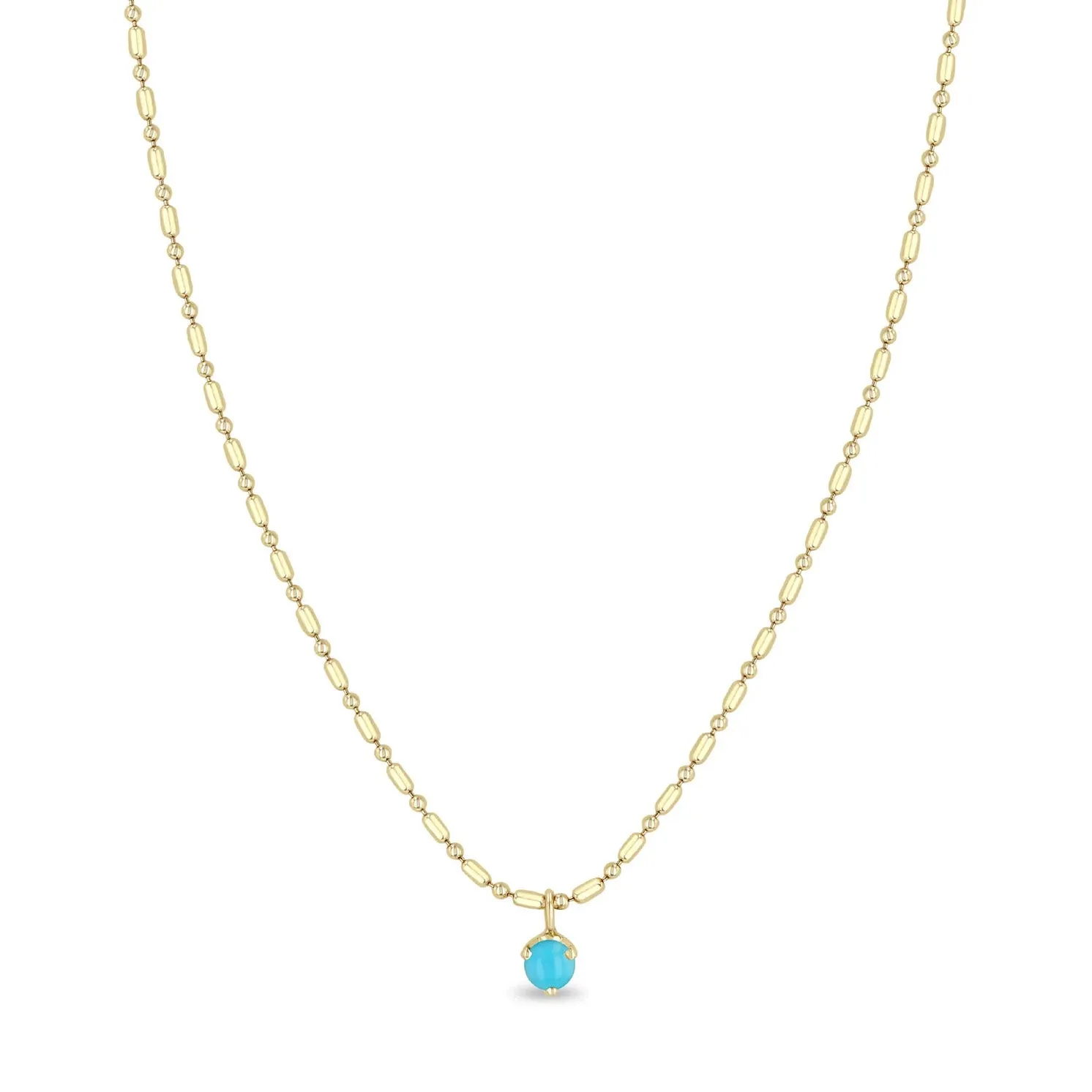 14K Gold Bar Chain Neckace with Single Prong-Set Turquoise Drop