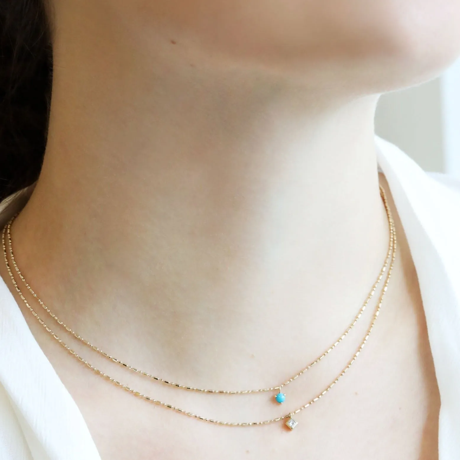 14K Gold Bar Chain Neckace with Single Prong-Set Turquoise Drop