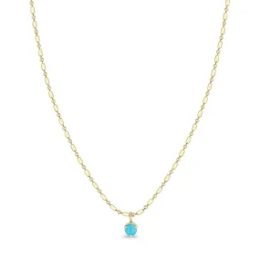 14K Gold Bar Chain Neckace with Single Prong-Set Turquoise Drop