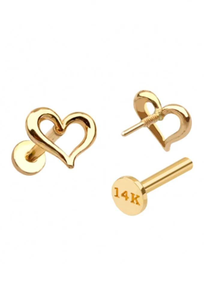 14K Gold Slanted Heart Helix Cartilage Tragus Internally Threaded Flat Back Earring Labret