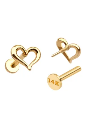 14K Gold Slanted Heart Helix Cartilage Tragus Internally Threaded Flat Back Earring Labret