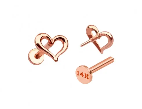 14K Gold Slanted Heart Helix Cartilage Tragus Internally Threaded Flat Back Earring Labret