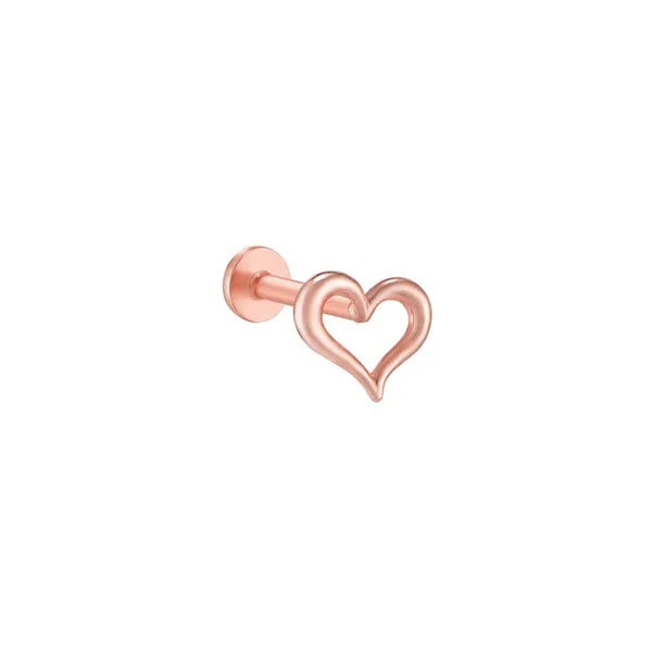 14K Gold Slanted Heart Helix Cartilage Tragus Internally Threaded Flat Back Earring Labret