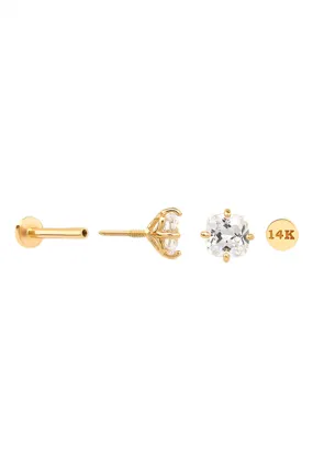 14k Gold Square Cz Tragus Helix Internally Threaded Flat Back Earring Labret Stud