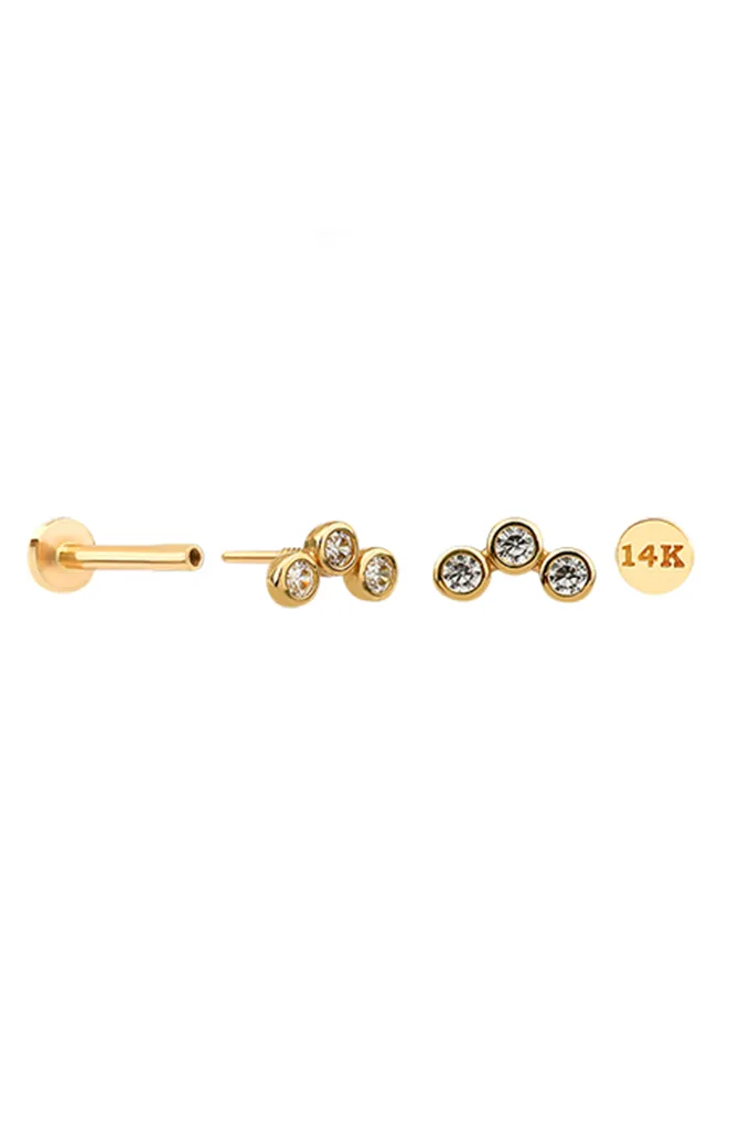 14K Gold Tragus Helix Cartilage Triple Bezel Internally Threaded Flat Back Earring Labret Stud