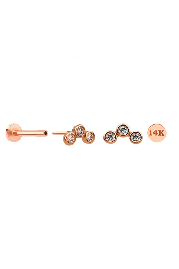 14K Gold Tragus Helix Cartilage Triple Bezel Internally Threaded Flat Back Earring Labret Stud