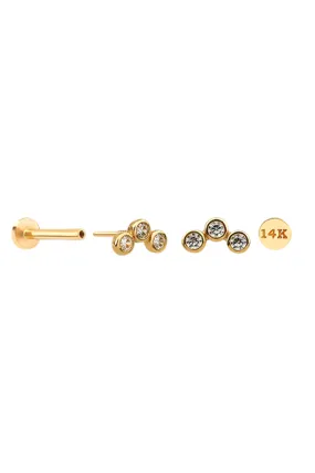 14K Gold Tragus Helix Cartilage Triple Bezel Internally Threaded Flat Back Earring Labret Stud