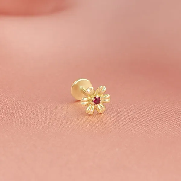 14K Gold Tragus Helix Six Petal Flower Internally Threaded Flat Back Earring Labret Stud