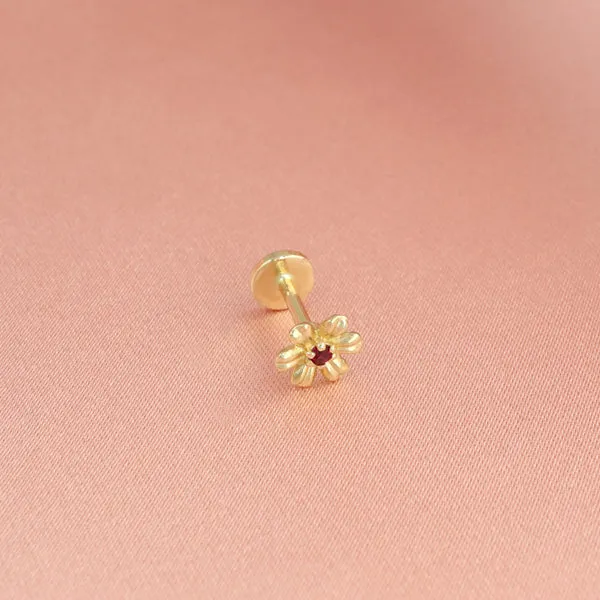 14K Gold Tragus Helix Six Petal Flower Internally Threaded Flat Back Earring Labret Stud