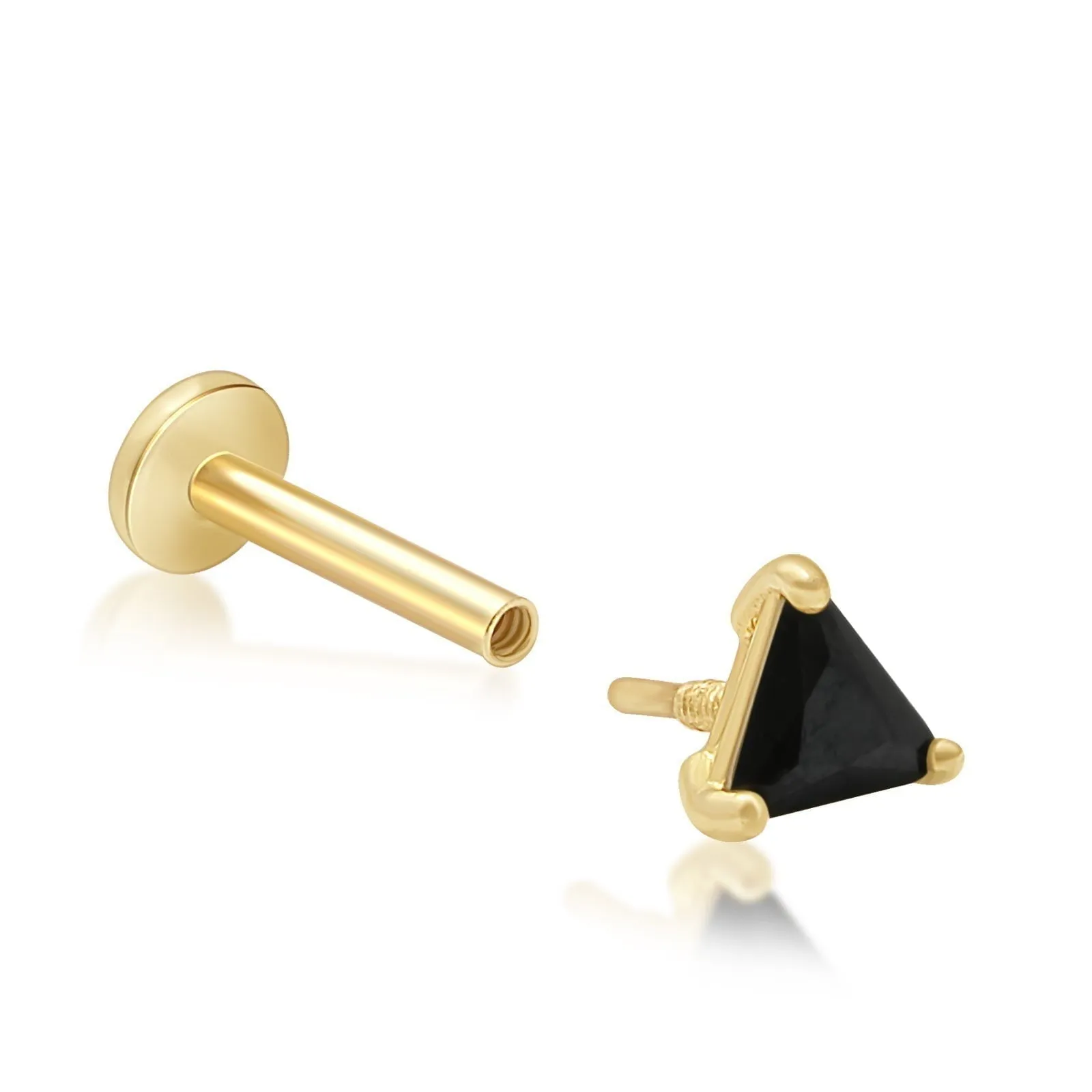 14K Gold Triangle Cut Black Onyx Helix Tragus Internally Threaded Flat Back Earring Labret Stud