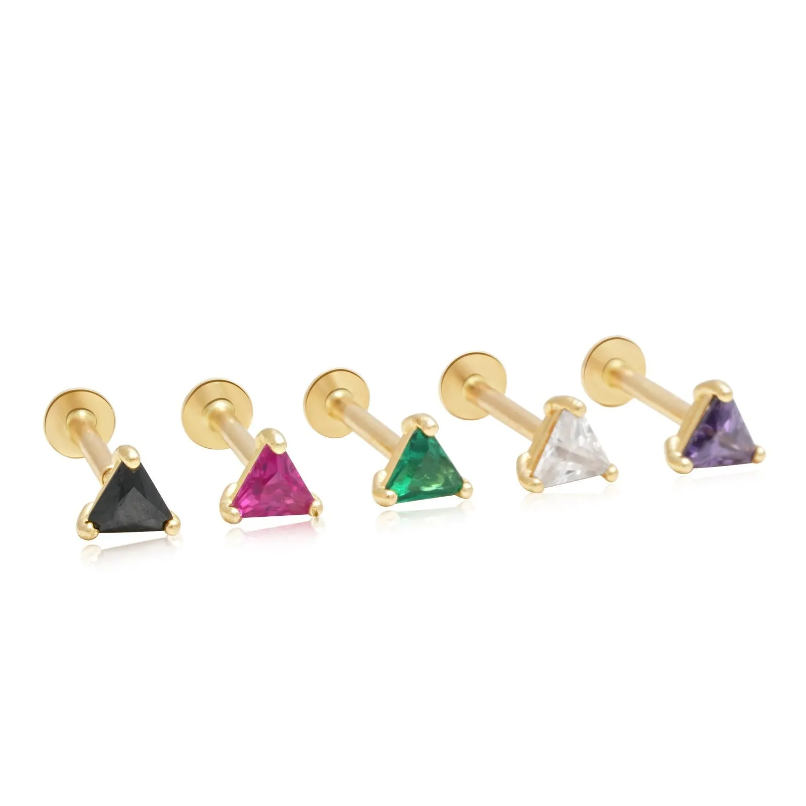 14K Gold Triangle Cut Cubic Zirconia Helix Tragus Internally Threaded Flat Back Earring Labret Stud