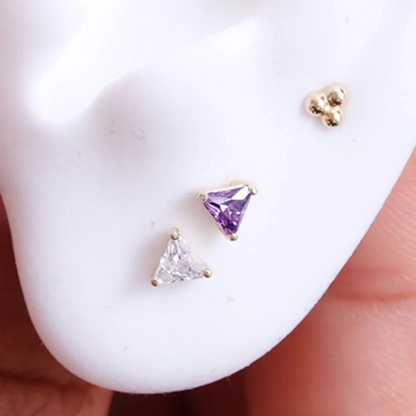 14K Gold Triangle Cut Cubic Zirconia Helix Tragus Internally Threaded Flat Back Earring Labret Stud