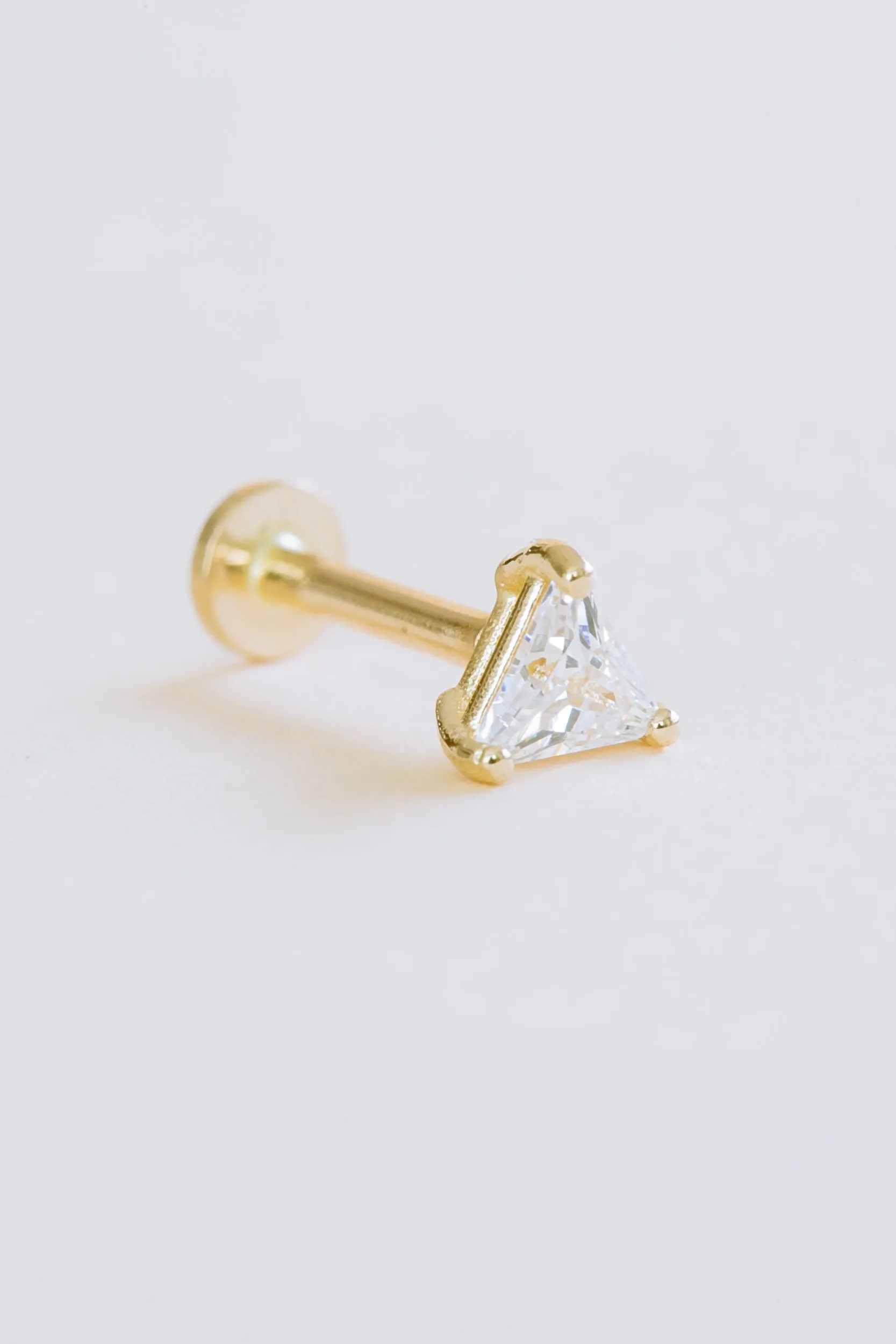 14K Gold Triangle Cut Cubic Zirconia Helix Tragus Internally Threaded Flat Back Earring Labret Stud