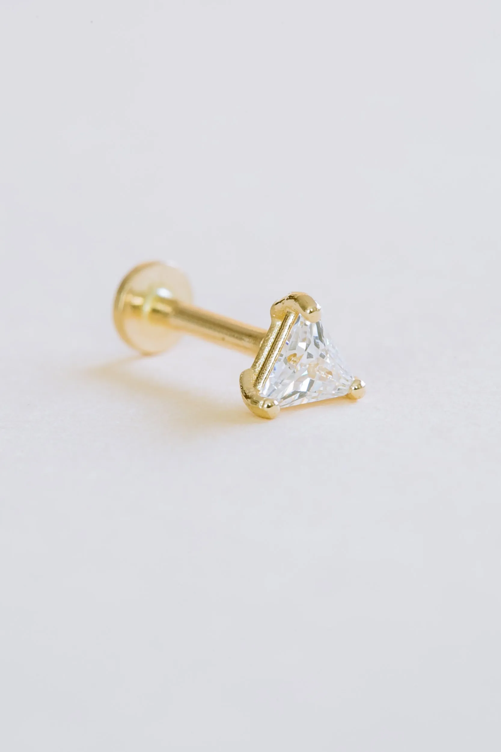 14K Gold Triangle Cut Cubic Zirconia Helix Tragus Internally Threaded Flat Back Earring Labret Stud