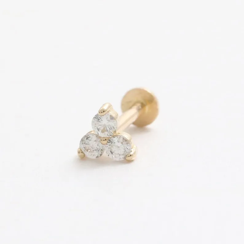 14K Real Gold 1.8mm CZ, Moissanite or Diamond Flower Helix Cartilage Tragus Conch Internally Threaded Flat Back Earring Labret