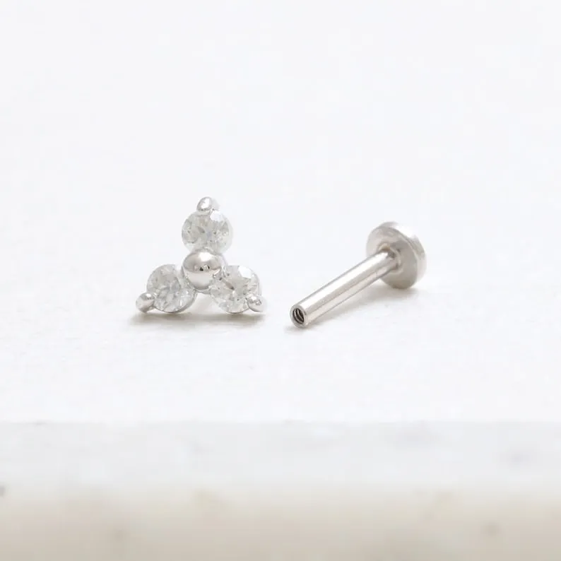 14K Real Gold 2mm CZ, Moissanite or Diamond Flower Helix Cartilage Tragus Conch Internally Threaded Flat Back Earring Labret