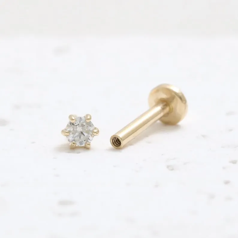 14K Real Gold 2mm CZ, Moissanite or Genuine Diamond 6 Prongs Helix Cartilage Tragus Inner Conch Internally Threaded Flat Back Ea