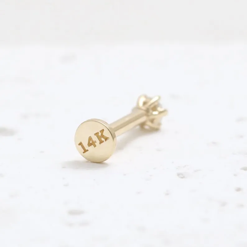 14K Real Gold 2mm CZ, Moissanite or Genuine Diamond 6 Prongs Helix Cartilage Tragus Inner Conch Internally Threaded Flat Back Ea