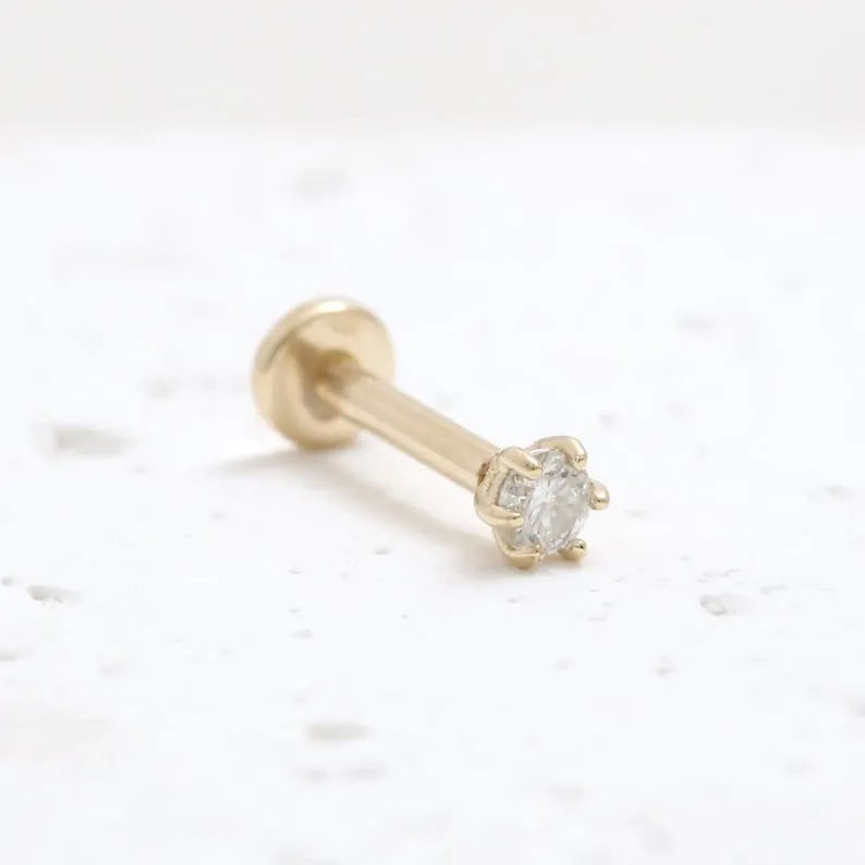 14K Real Gold 2mm CZ, Moissanite or Genuine Diamond 6 Prongs Helix Cartilage Tragus Inner Conch Internally Threaded Flat Back Ea