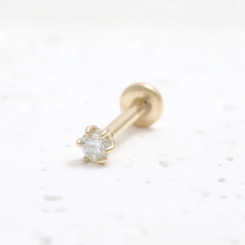 14K Real Gold 2mm CZ, Moissanite or Genuine Diamond 6 Prongs Helix Cartilage Tragus Inner Conch Internally Threaded Flat Back Ea