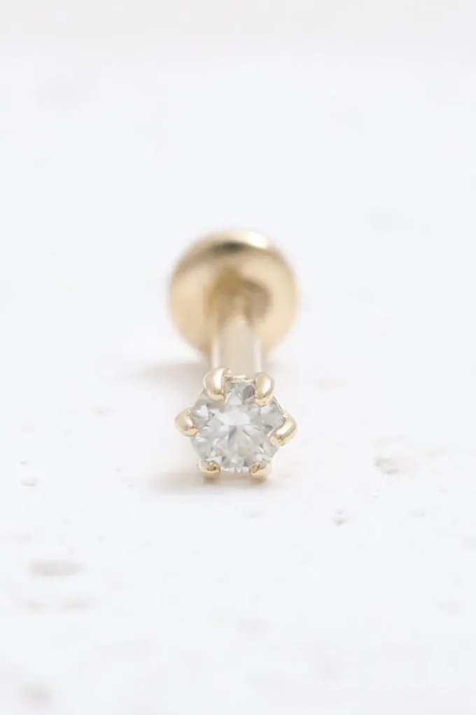 14K Real Gold 2mm CZ, Moissanite or Genuine Diamond 6 Prongs Helix Cartilage Tragus Inner Conch Internally Threaded Flat Back Ea