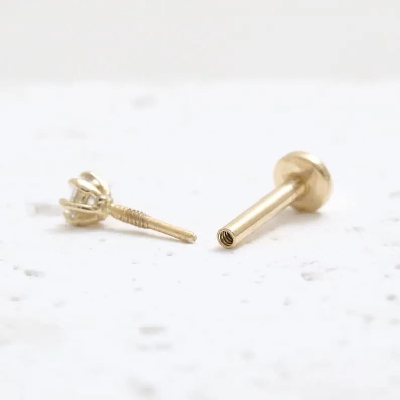 14K Real Gold 2mm CZ, Moissanite or Genuine Diamond 6 Prongs Helix Cartilage Tragus Inner Conch Internally Threaded Flat Back Ea