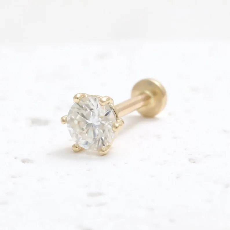 14K Real Gold 4mm CZ, Moissanite, Lab or Genuine 0.25ct Diamond Helix Cartilage Tragus Inner Conch Internally Threaded Flat Back