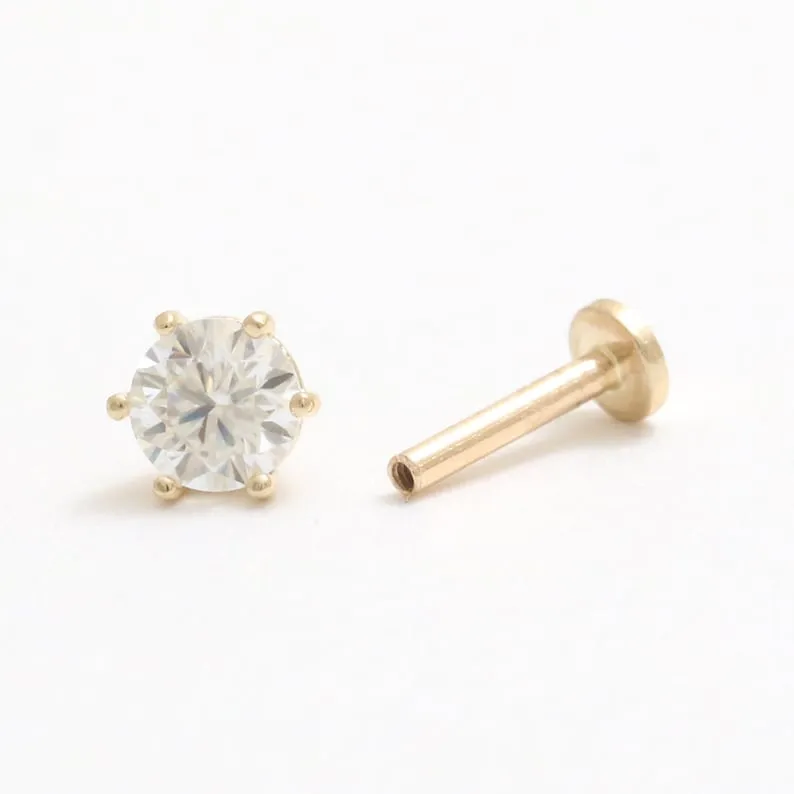 14K Real Gold 4mm CZ, Moissanite, Lab or Genuine 0.25ct Diamond Helix Cartilage Tragus Inner Conch Internally Threaded Flat Back