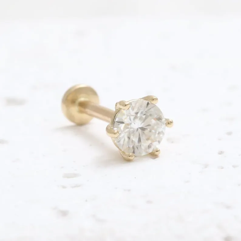 14K Real Gold 4mm CZ, Moissanite, Lab or Genuine 0.25ct Diamond Helix Cartilage Tragus Inner Conch Internally Threaded Flat Back