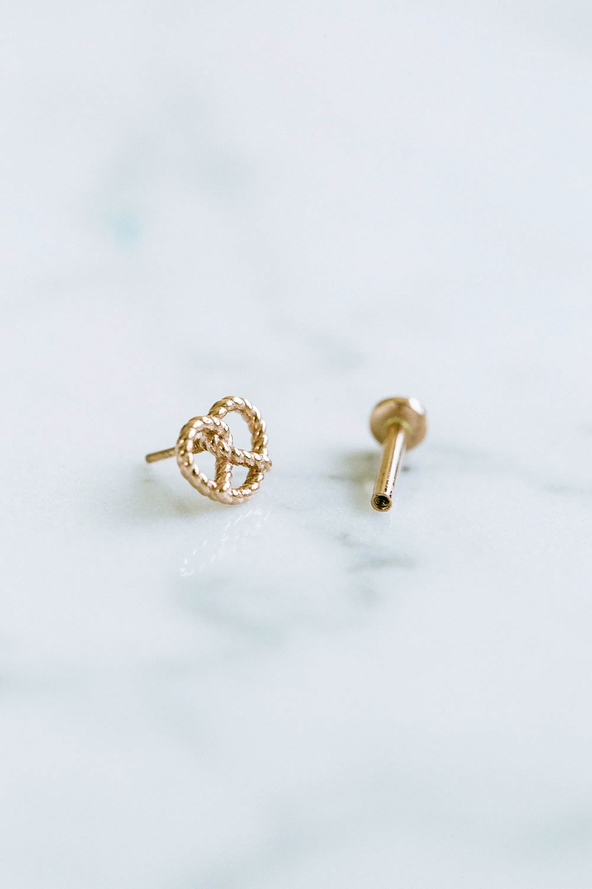 14K Solid Gold Rope Pretzel Heart Cartilage Helix Tragus Conch Internally Threaded Flat Back Earring Labret