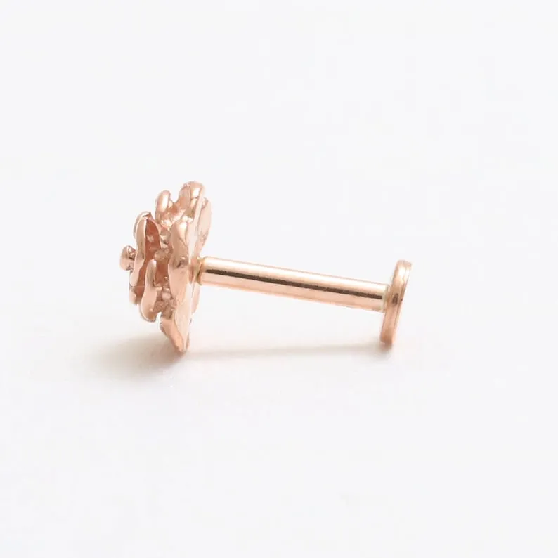 14K Solid Gold Rose Flower Cartilage Helix Tragus Conch Internally Threaded Flat Back Earring Labret