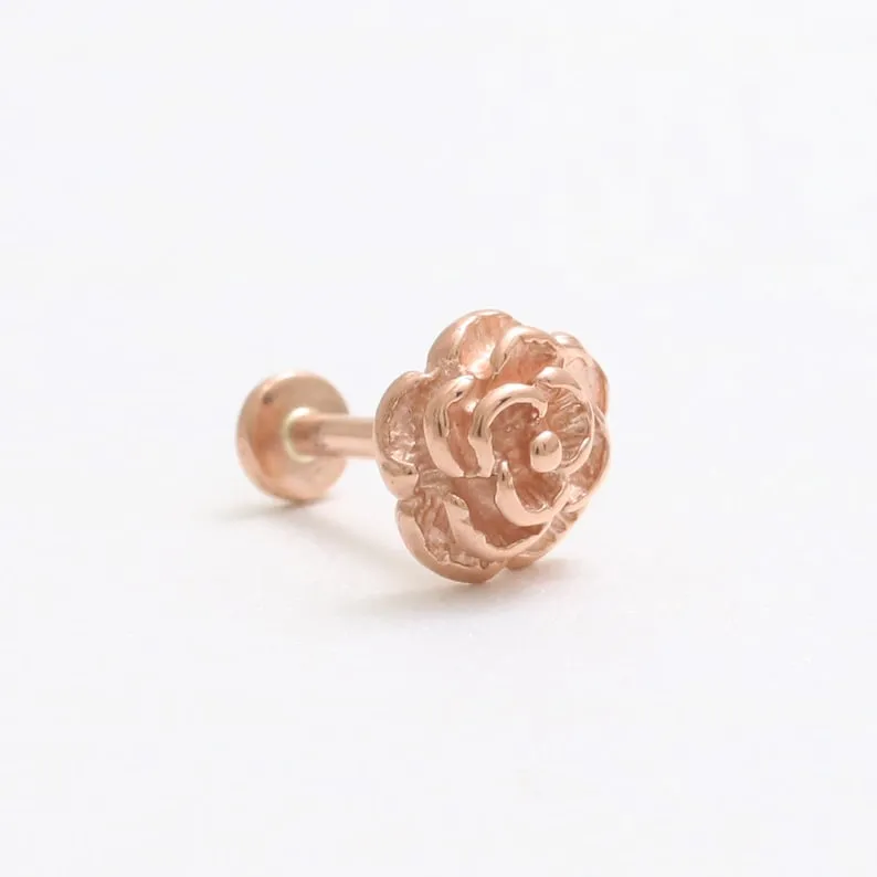 14K Solid Gold Rose Flower Cartilage Helix Tragus Conch Internally Threaded Flat Back Earring Labret