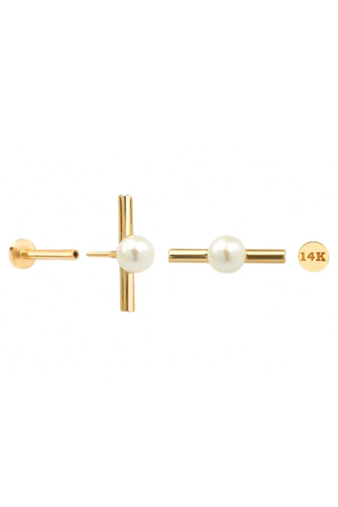 14K Solid Gold Stick Bar With Fresh Water Pearl Tragus Helix Cartilage Internally Threaded Flat Back Earring Labret