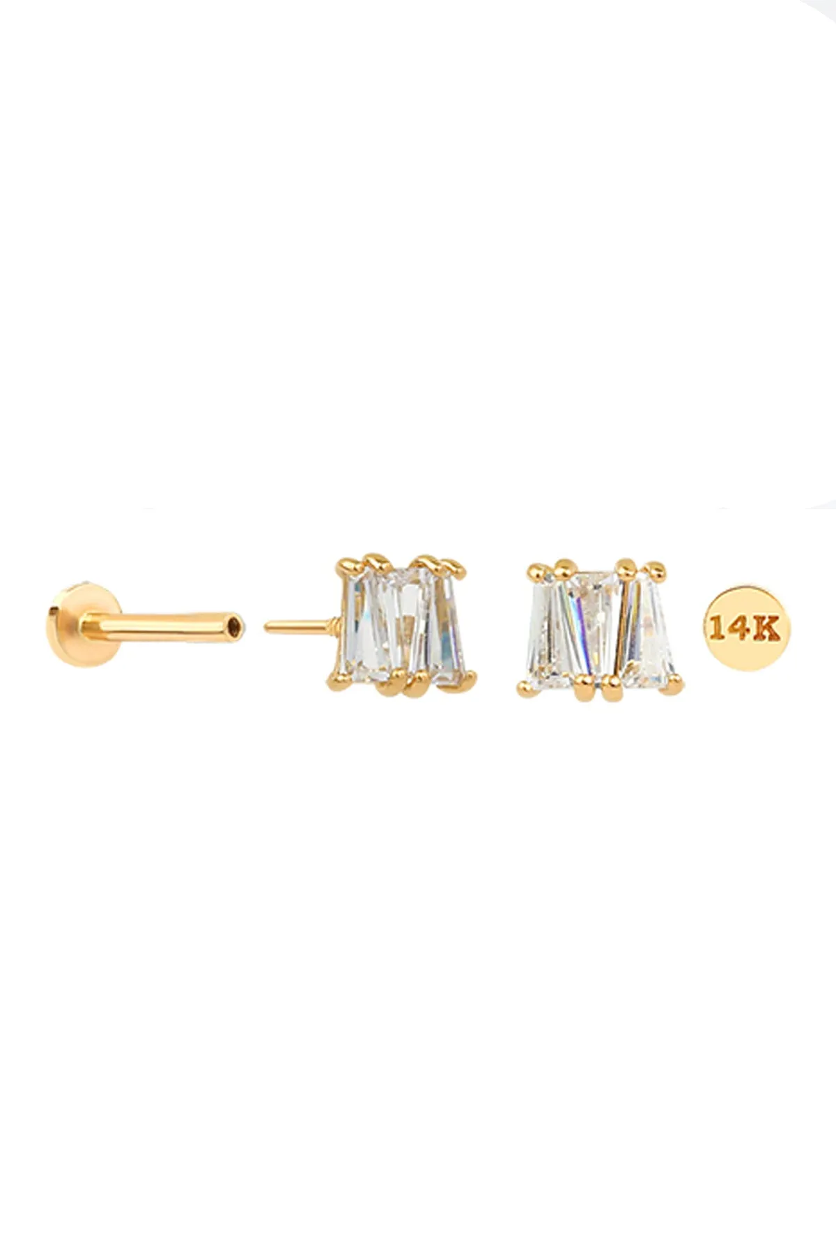 14K Solid Gold Triangle Cz Tragus Helix Cartilage Internally Threaded Flat Back Earring Labret