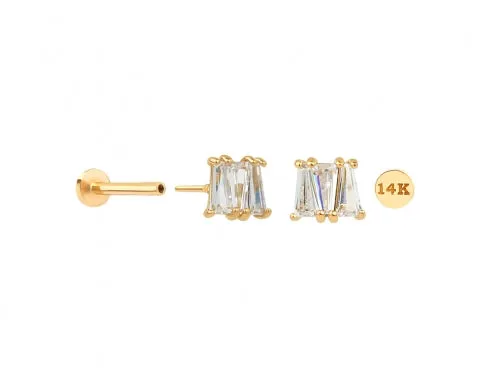 14K Solid Gold Triangle Cz Tragus Helix Cartilage Internally Threaded Flat Back Earring Labret