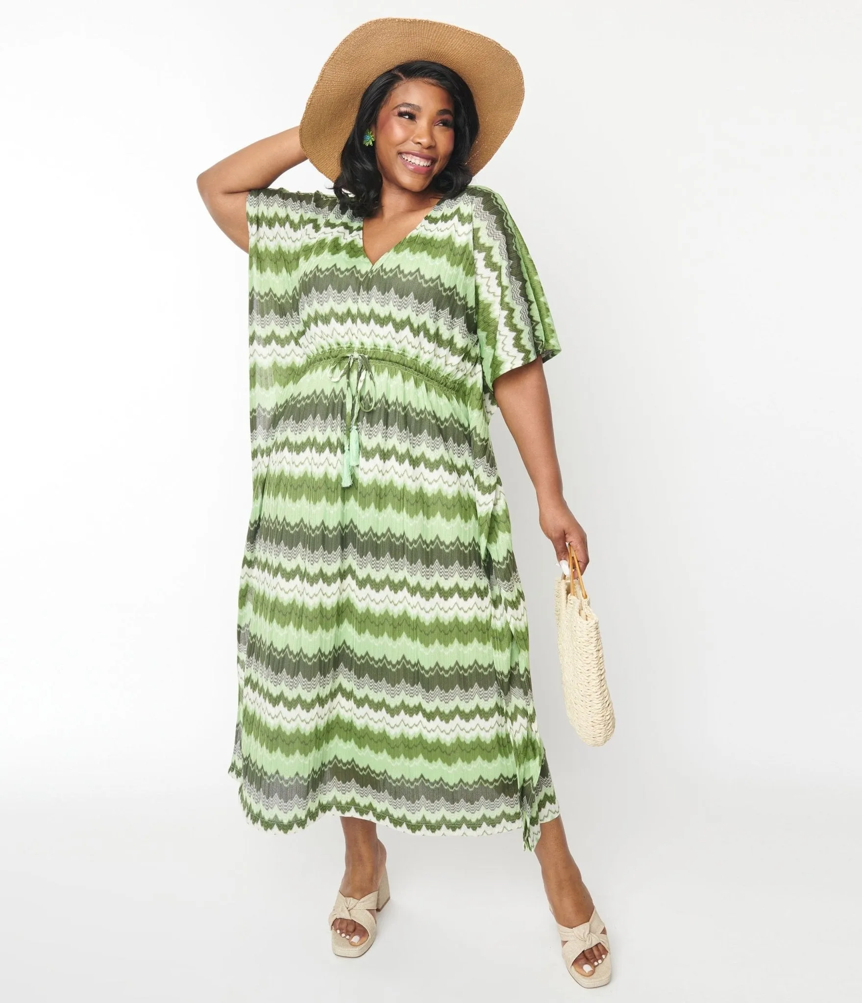 1970s Green Zig Zag Striped Caftan