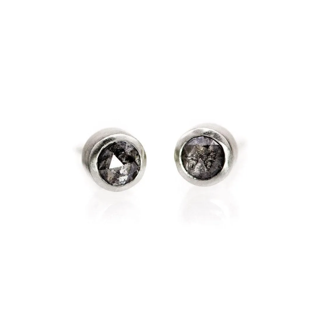 3mm Salt & Pepper Rose Cut Diamond Simple Bezel Set Gold Stud Earrings