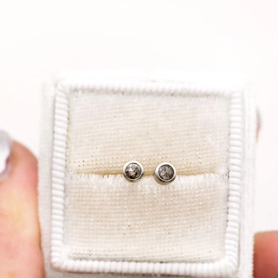 3mm Salt & Pepper Rose Cut Diamond Simple Bezel Set Gold Stud Earrings