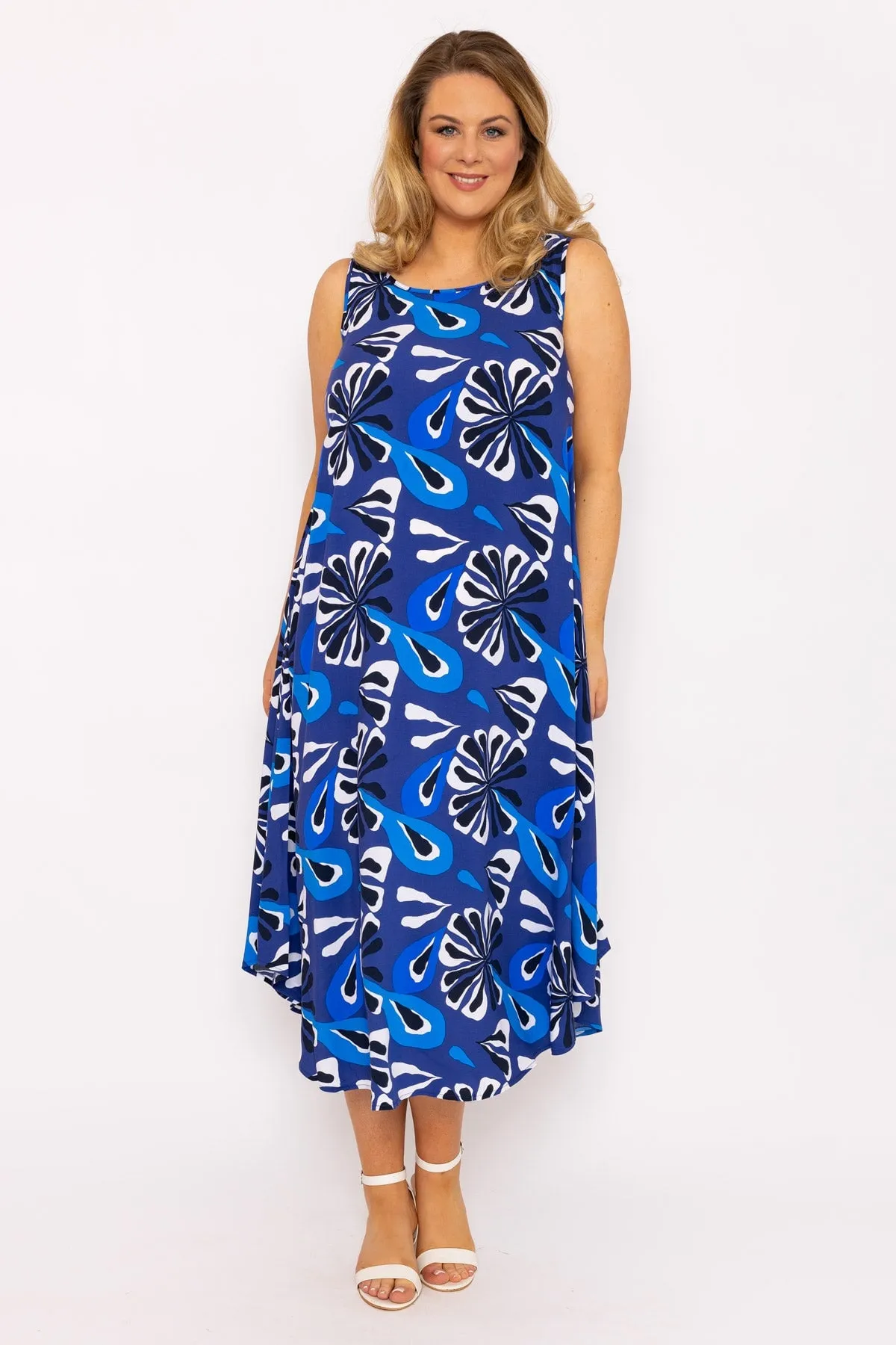 A-Line Midi Dress in Blue Print