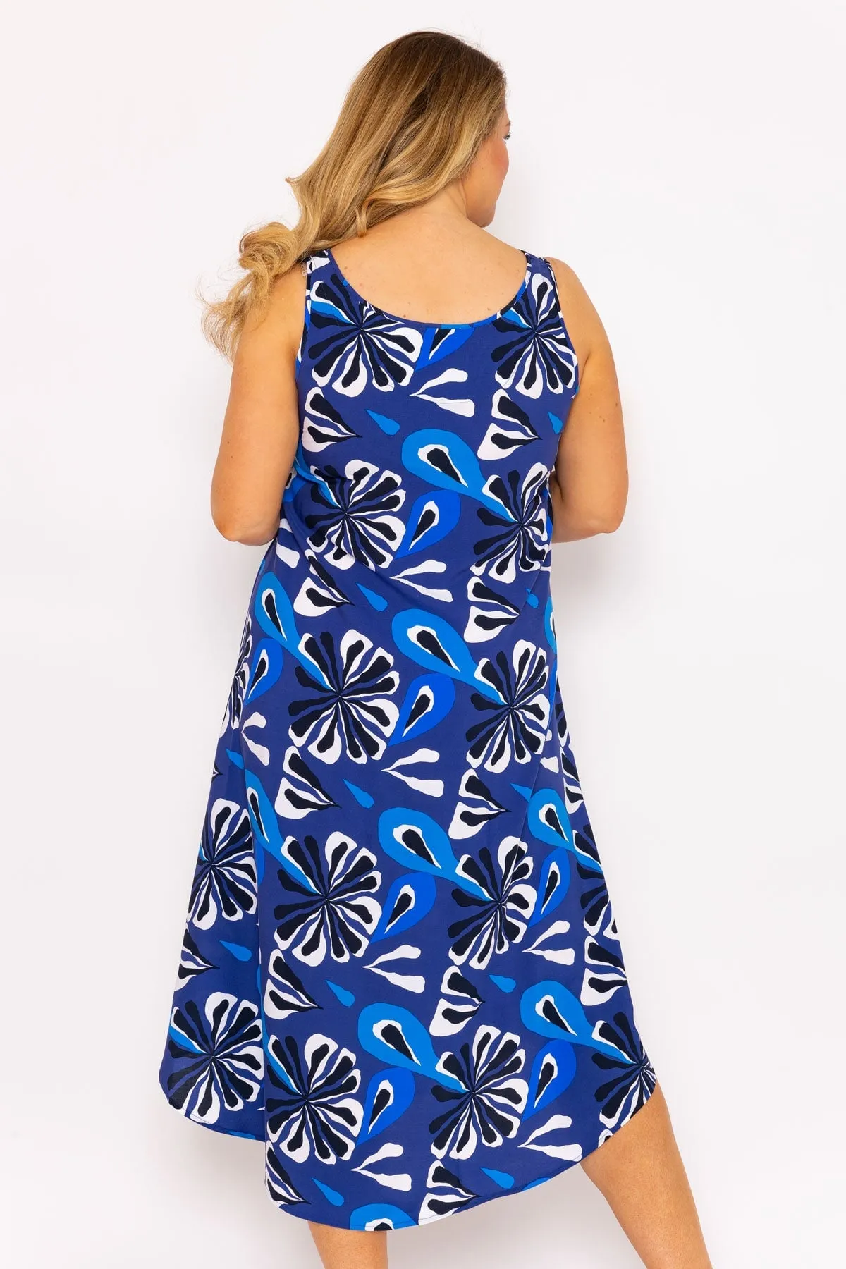 A-Line Midi Dress in Blue Print