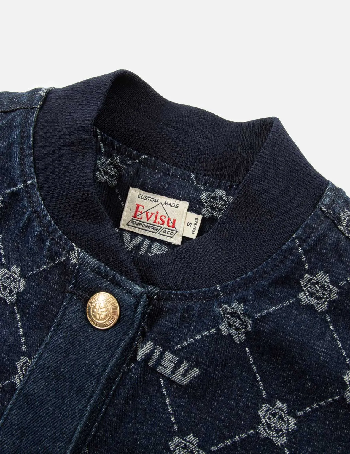 Allover Kamon and Logo Drop Shoulder Denim Bomber Jacket