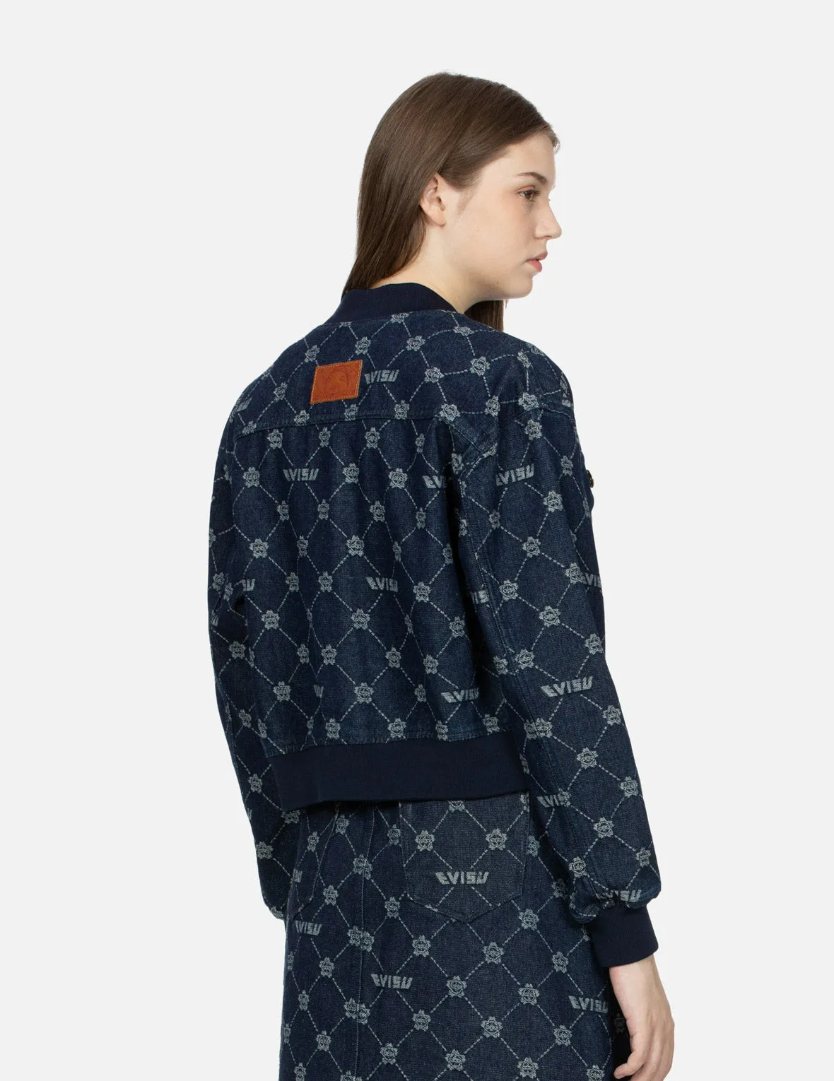 Allover Kamon and Logo Drop Shoulder Denim Bomber Jacket