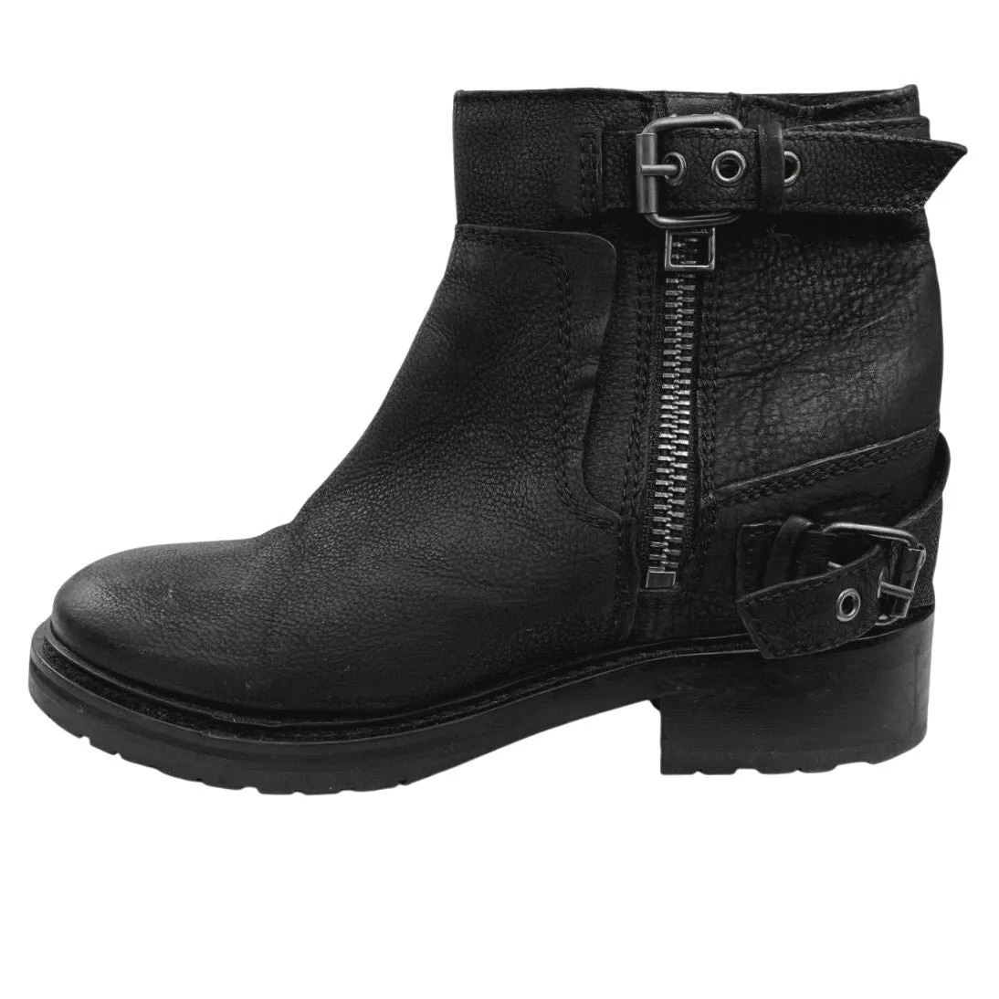 AllSaints Rama Womens Black Leather Zip Up Buckle Round Toe Moto Ankle Boots 9.5