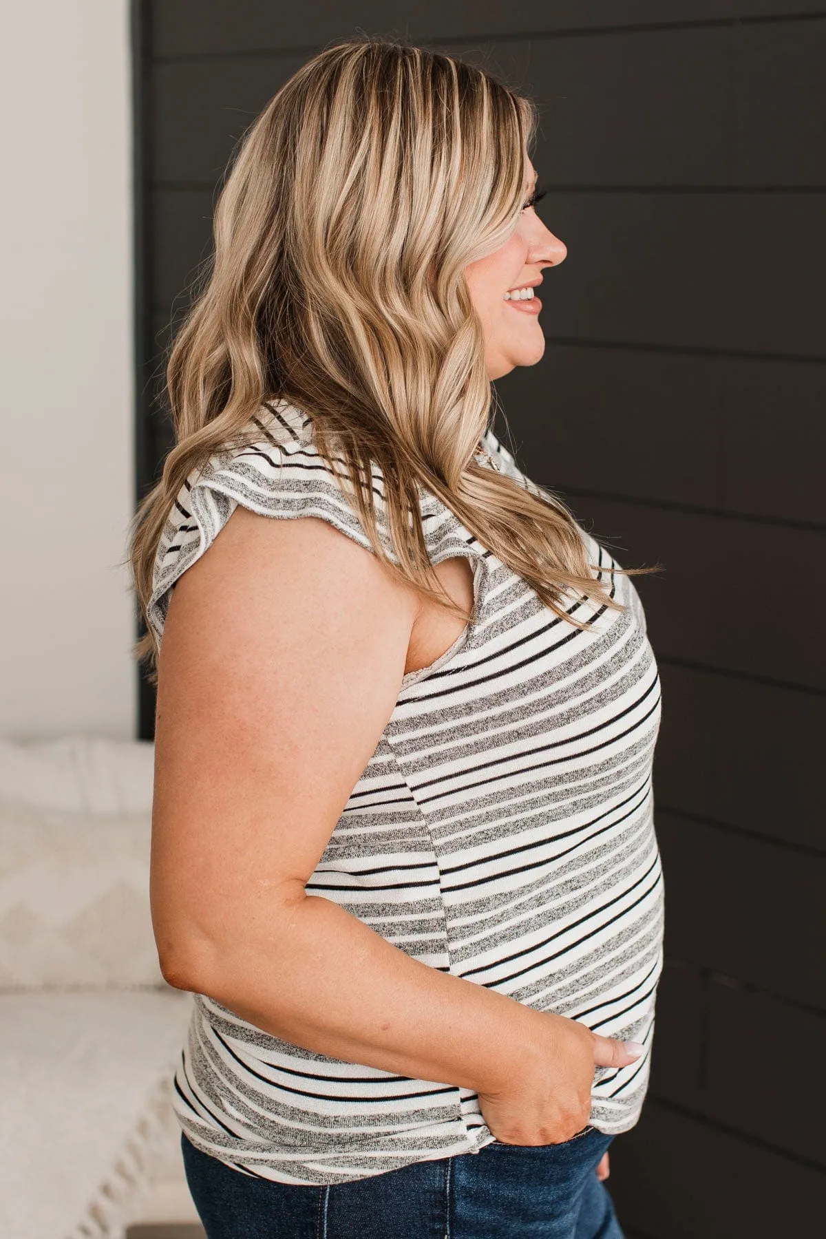 Ivory & Charcoal Striped Knit Top