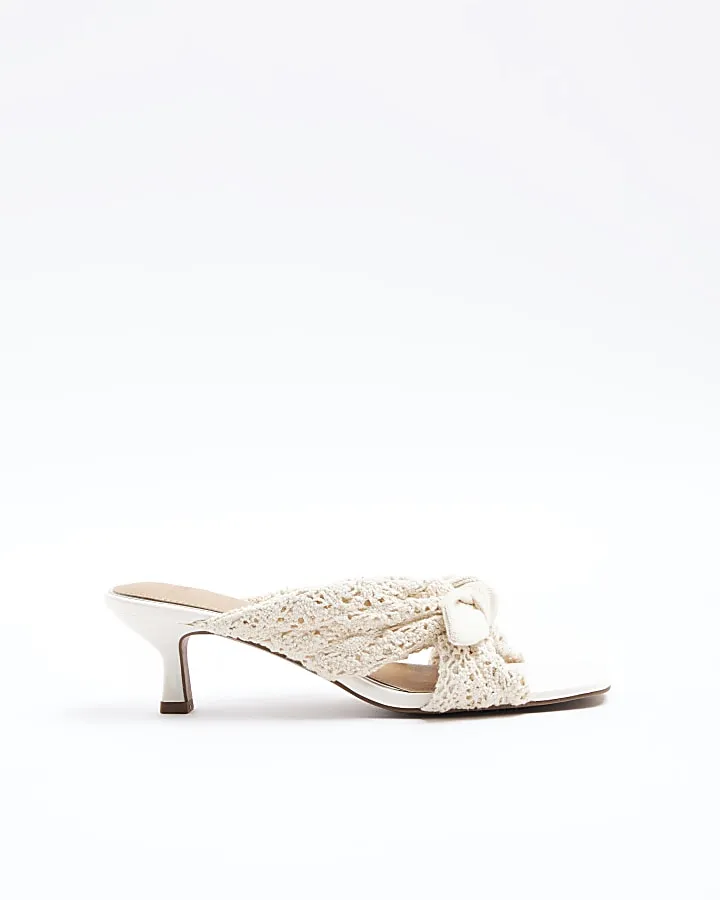 Beige crochet knot heeled mule sandals