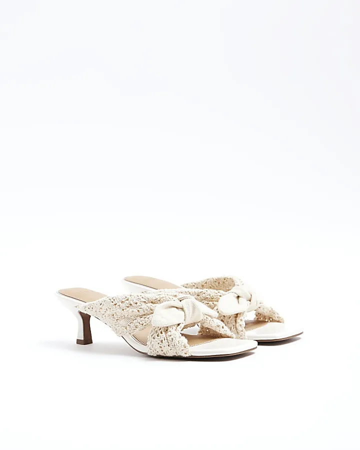 Beige crochet knot heeled mule sandals