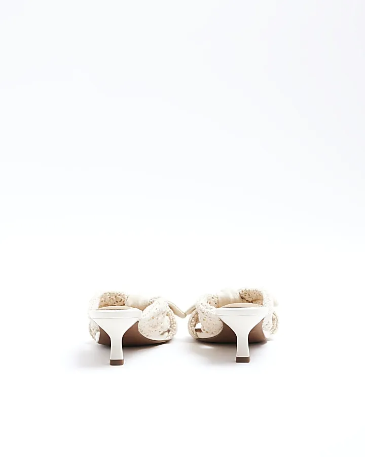 Beige crochet knot heeled mule sandals