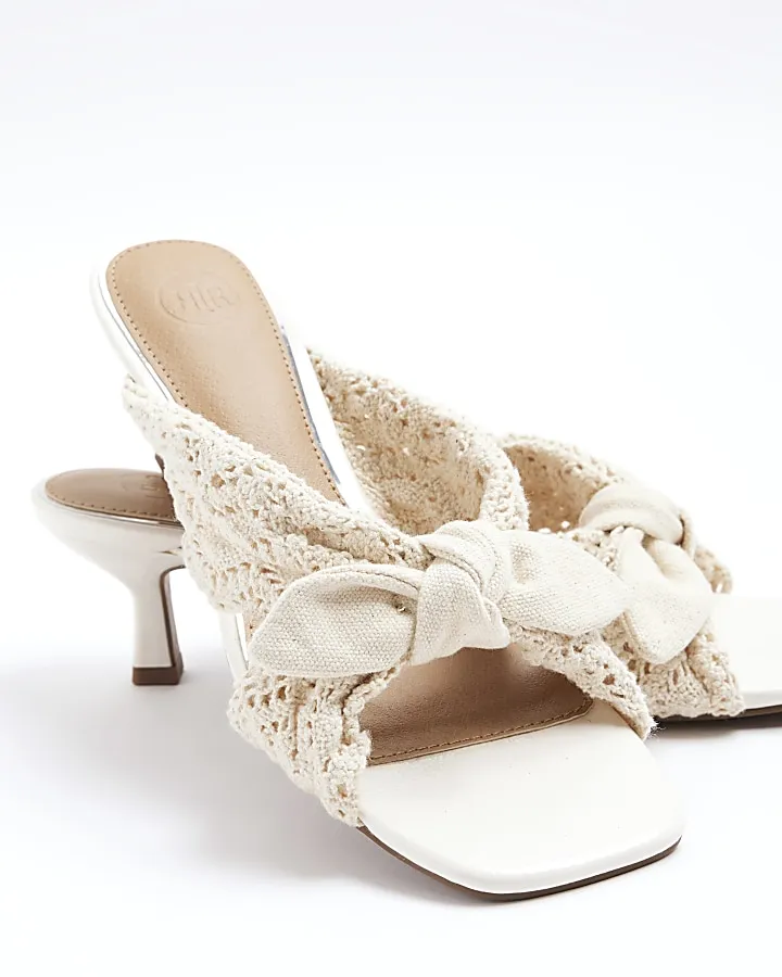 Beige crochet knot heeled mule sandals